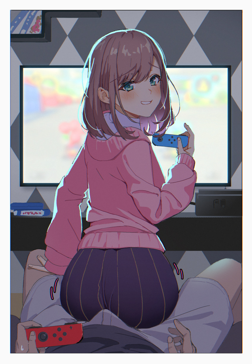 1boy 1girl ass blush brown_hair clothed erection icarus_(632247131) looking_at_viewer looking_back male/female nijisanji nintendo nintendo_switch pov short_hair suzuhara_lulu teal_eyes tease virtual_youtuber