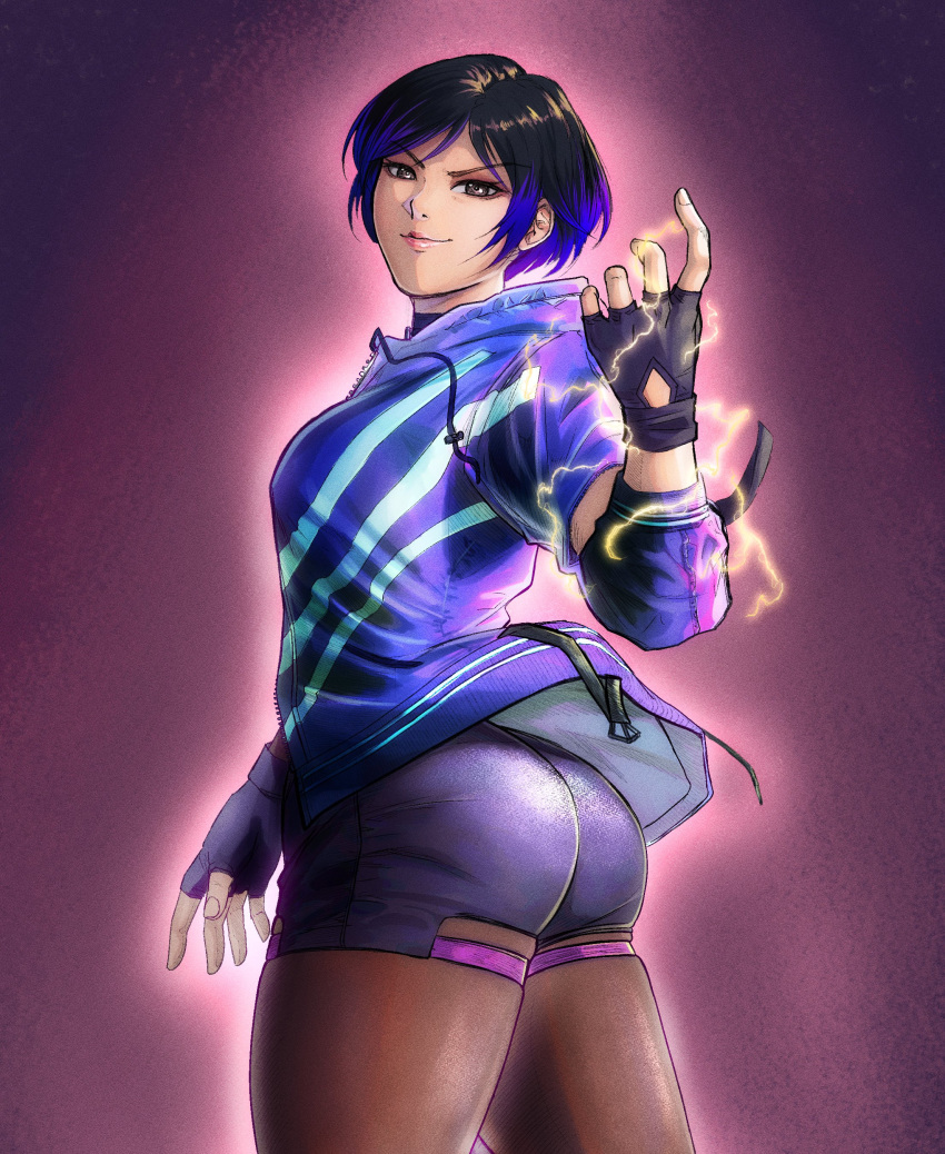 1girl alluring ass bandai_namco black_and_purple_hair cute insanely_hot jacket looking_at_viewer namco namco_bandai pantyhose purple_and_gold_electricity purple_eyes reina reina_(tekken) shorts tekken tekken_8 twitter yincrescent