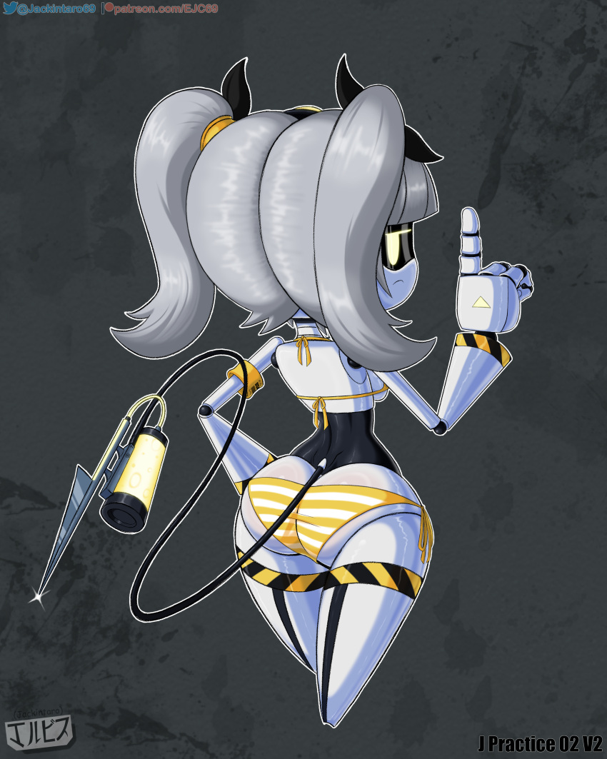 ass bikini digital_media_(artwork) disassembly_drone fanart glitch_productions grey_hair j_(murder_drones) jackintaro looking_at_viewer looking_back murder_drones ribbons robot robot_girl simple_background tail twin_tails yellow_eyes