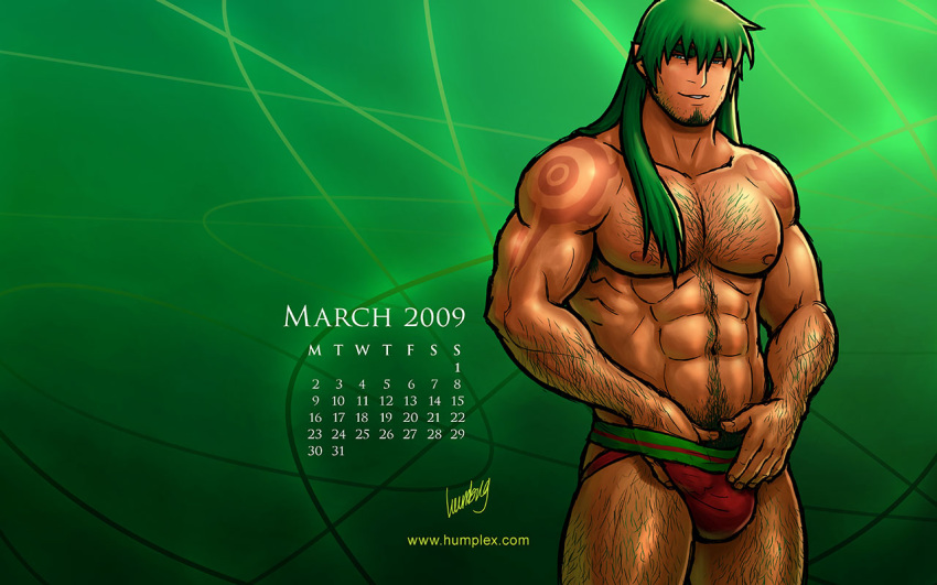 1boy bara calendar facial_hair gay green_hair hairy human humplex male male_only muscle nipples partially_clothed pecs solo_focus underwear xerude yaoi