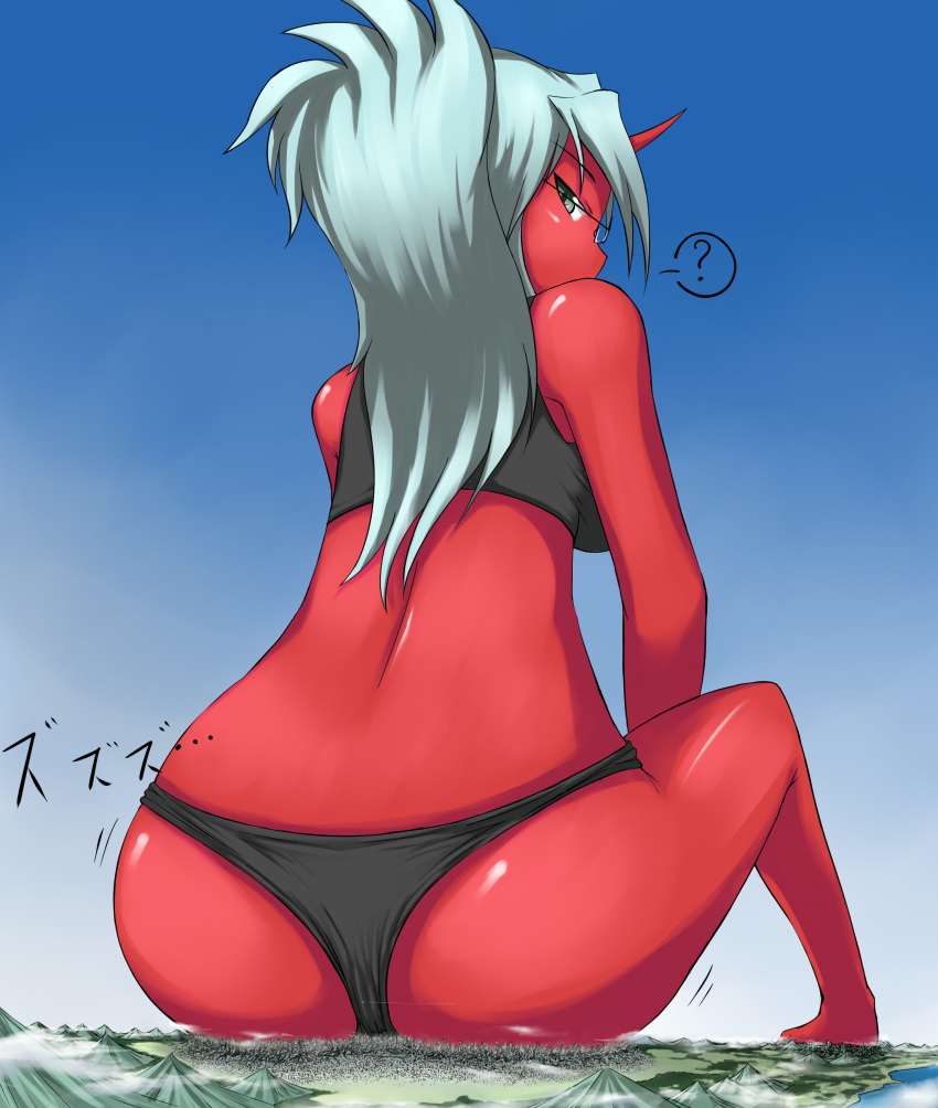 1girl ? absurdres anime ass black_bra black_panties blue_hair bra butt_crush city city_destruction color crush demon demon_girl drawing giantess glasses highres horn huge_ass kneehighs kneesocks_(psg) kneesocks_daemon lingerie looking_back ochiko_terada panties panty_&_stocking_with_garterbelt ponytail red_body red_skin sitting solo spoken_question_mark terada_ochiko underwear underwear_only