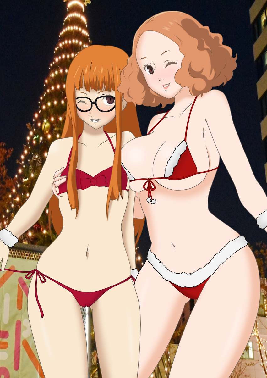 atlus big_breasts bikini breasts brown_hair christmas christmas_outfit christmas_tree female_only futaba_sakura glasses looking_at_viewer megami_tensei okumura_haru one_eye_closed persona persona_5 rin_kanbara sakura_futaba