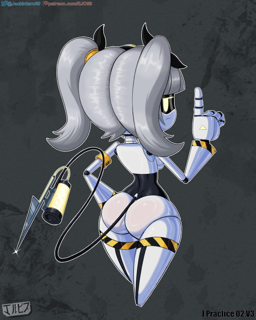 ass digital_media_(artwork) disassembly_drone fanart glitch_productions grey_hair j_(murder_drones) jackintaro looking_at_viewer looking_back murder_drones nude ribbons robot robot_girl simple_background tail twin_tails yellow_eyes