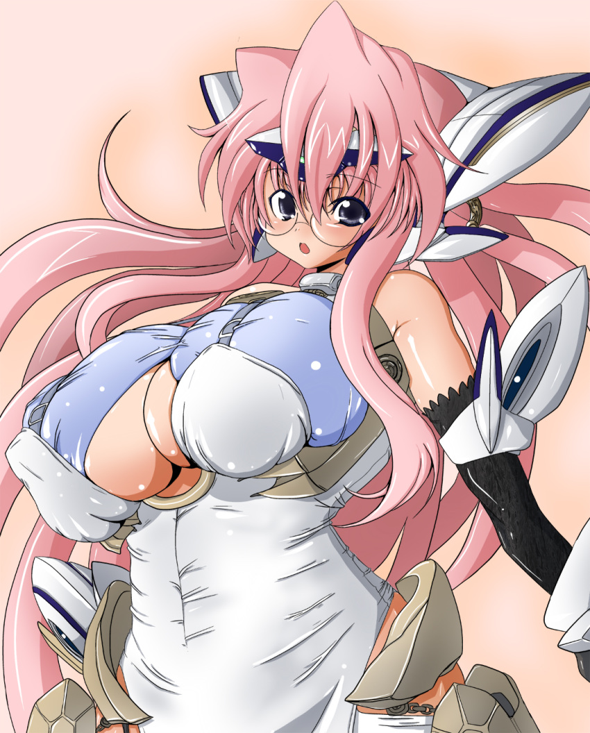 bad_id breasts cosplay female glasses gradient gradient_background high_res highres huge_breasts kinokoutarou kos-mos kos-mos_(cosplay) kos-mos_ver._4 long_hair lucky_star pink_hair solo takara_miyuki xenosaga xenosaga_episode_iii