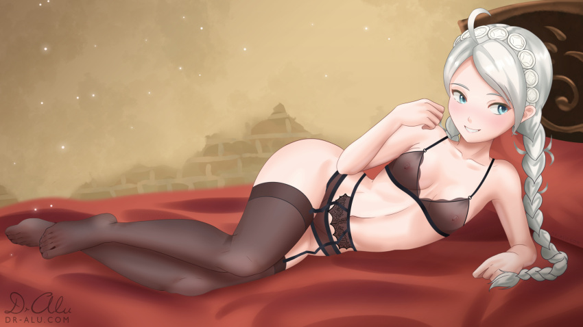 1girl 1girl ahoge alluring bare_midriff bare_thighs bedroom bedroom_eyes black_bra black_legwear black_lingerie blue_eyes braid dr-alu fire_emblem fire_emblem_fates garter_belt grey_hair grin intelligent_systems lingerie long_hair looking_away nina_(fire_emblem) nintendo nipples on_bed on_side pose red_bed seductive seductive_smile see-through silver_hair small_breasts smile stockings thighs twin_braids underwear wide_hips