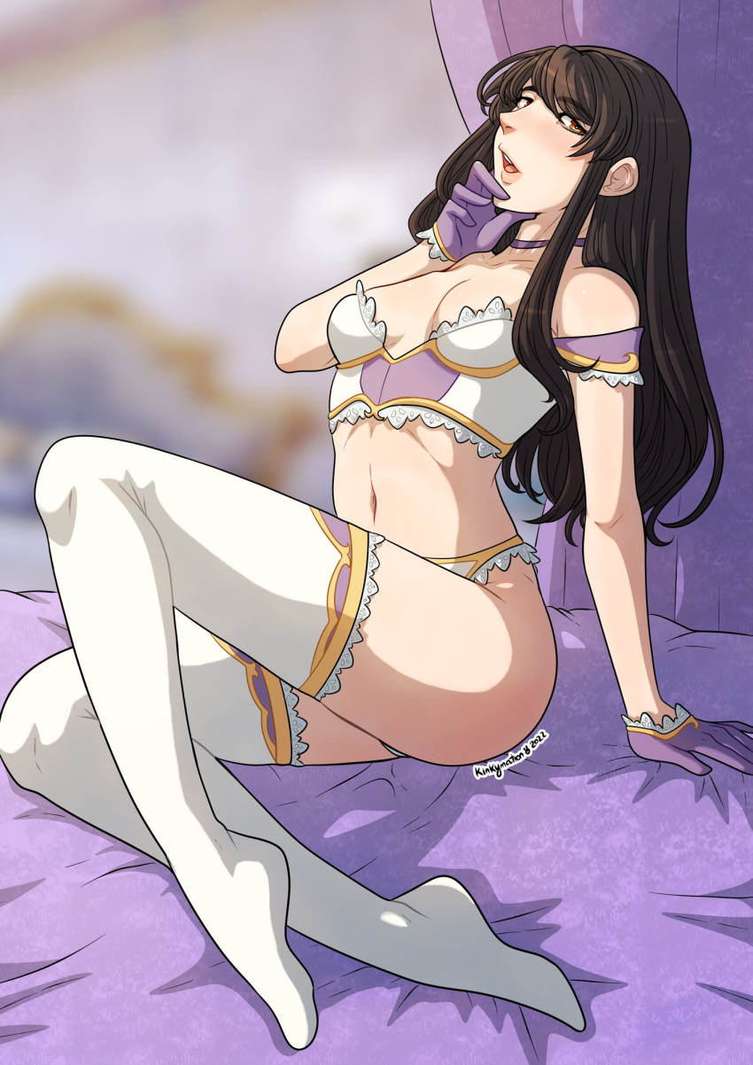 1girl 1girl alluring astrid_(fire_emblem) bed black_hair bra fire_emblem fire_emblem:_path_of_radiance fire_emblem:_radiant_dawn gloves heart heart-shaped_pupils high_res intelligent_systems kinkymation lingerie long_hair looking_at_viewer nintendo on_bed orange_eyes panties small_breasts stockings symbol-shaped_pupils thighs underwear white_panties