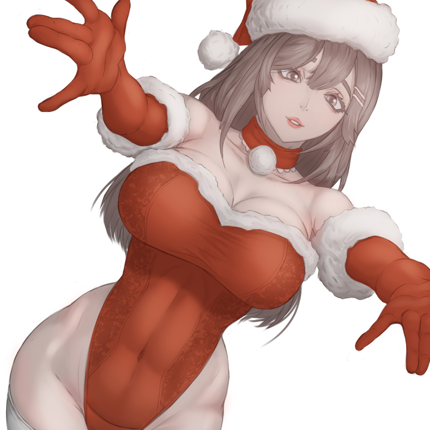 1girl big_breasts brown_eyes brown_hair bubble_butt cleavage horny inviting_to_sex kuromoro looking_at_viewer pose standing stockings teasing thick_thighs