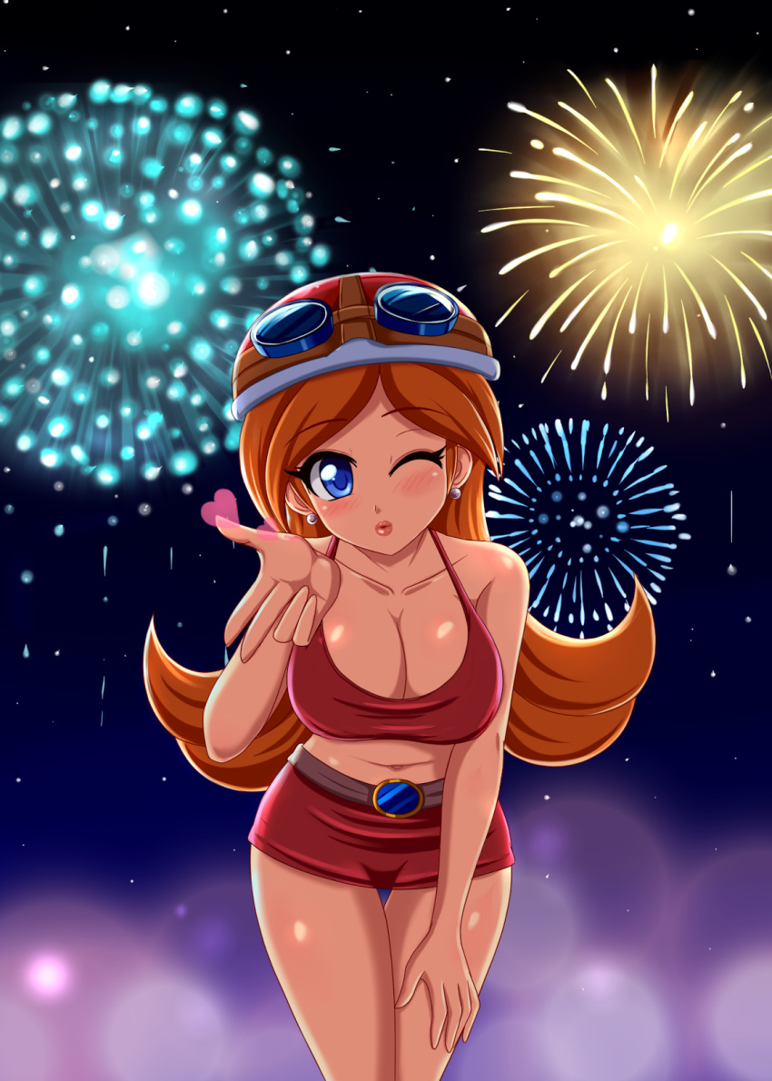 1girl big_breasts blue_eyes breasts brown_hair earrings female_only fireworks flying_kiss hat lips mona mona_(warioware) pilot sigurd_hosenfeld sigurdhosenfeld skirt very_long_hair warioware wink