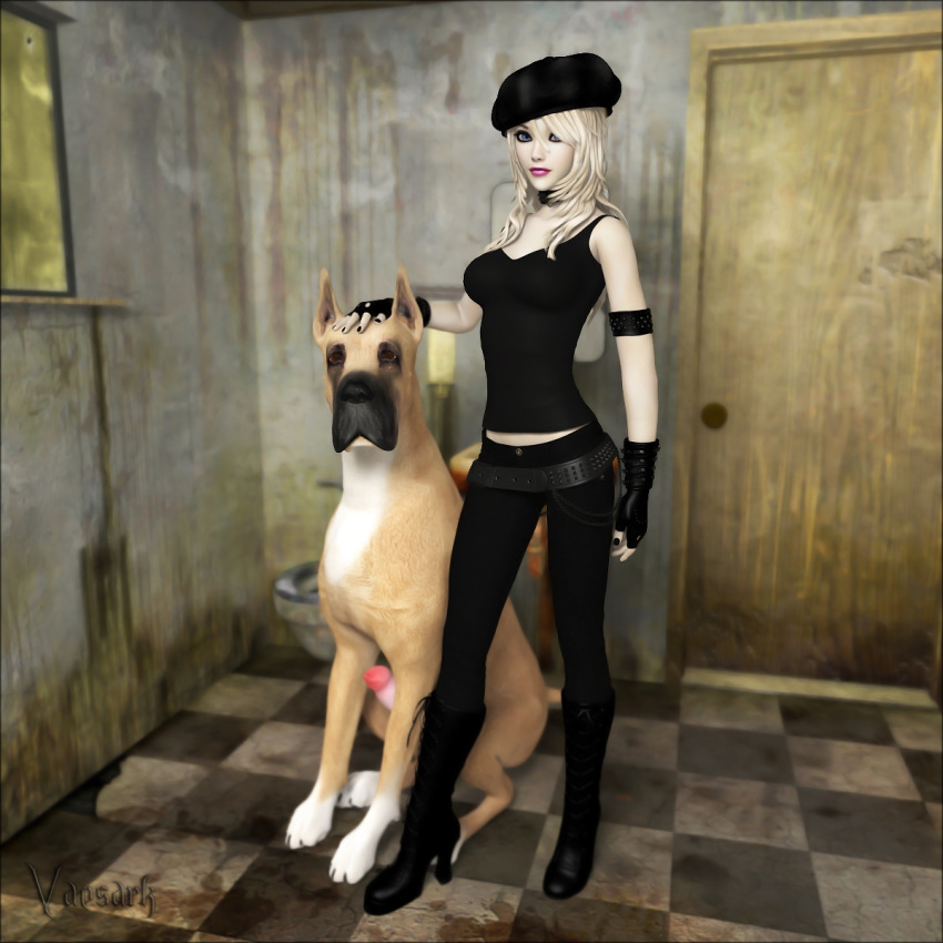 3d animal_genitalia ashley_(vaesark) beastiality blonde blonde_hair canine canine_penis clothed clothing dirty dog feral great_dane hair human interspecies mammal original penis vaesark