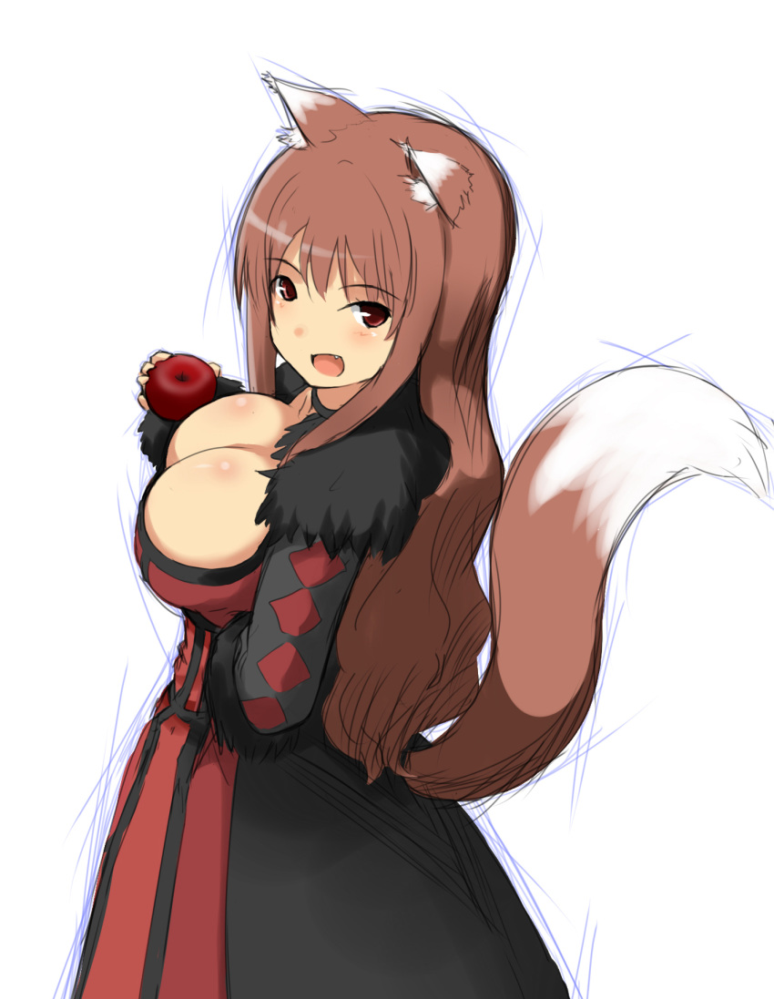 1girl animal_ears apple artist_request big_breasts breasts cosplay fang food fruit highres holo hu_sea koshimizu_ami large_breasts long_hair maou_(maoyuu) maou_(maoyuu)_(cosplay) maoyuu_maou_yuusha open_mouth seiyuu_connection spice_and_wolf tail wolf_ears wolf_tail