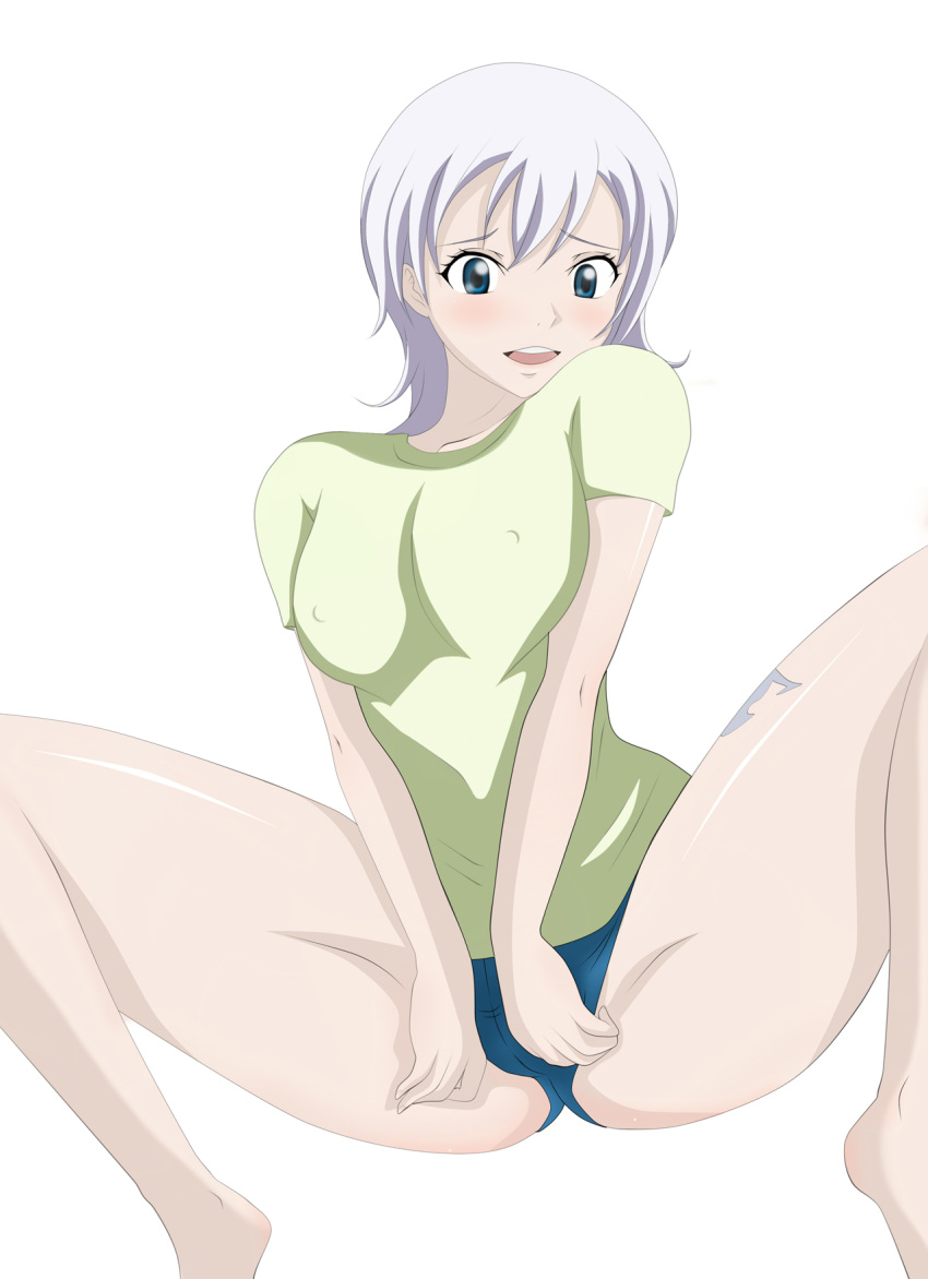 1girl big_breasts blush breast_squeeze breasts fairy_tail hair juudai lisanna lisanna_strauss navel nipples short_hair smile solo spread_legs tattoo topless white_hair