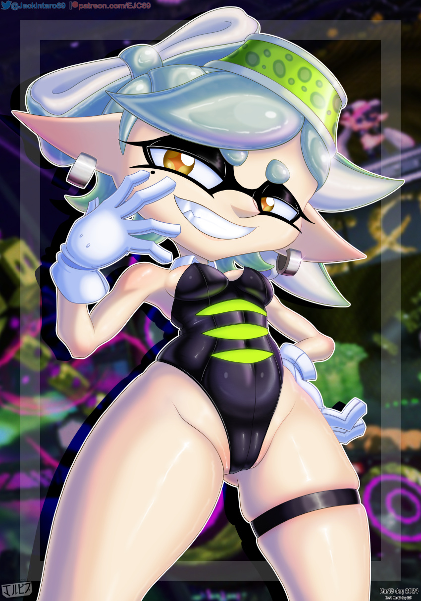 breasts digital_media_(artwork) earrings fanart garter grey_hair humanoid inkling jackintaro looking_at_viewer marie_(splatoon) mole nintendo piercing pointy_ears pseudo_hair sexy smile splatoon squid_sisters yellow_eyes