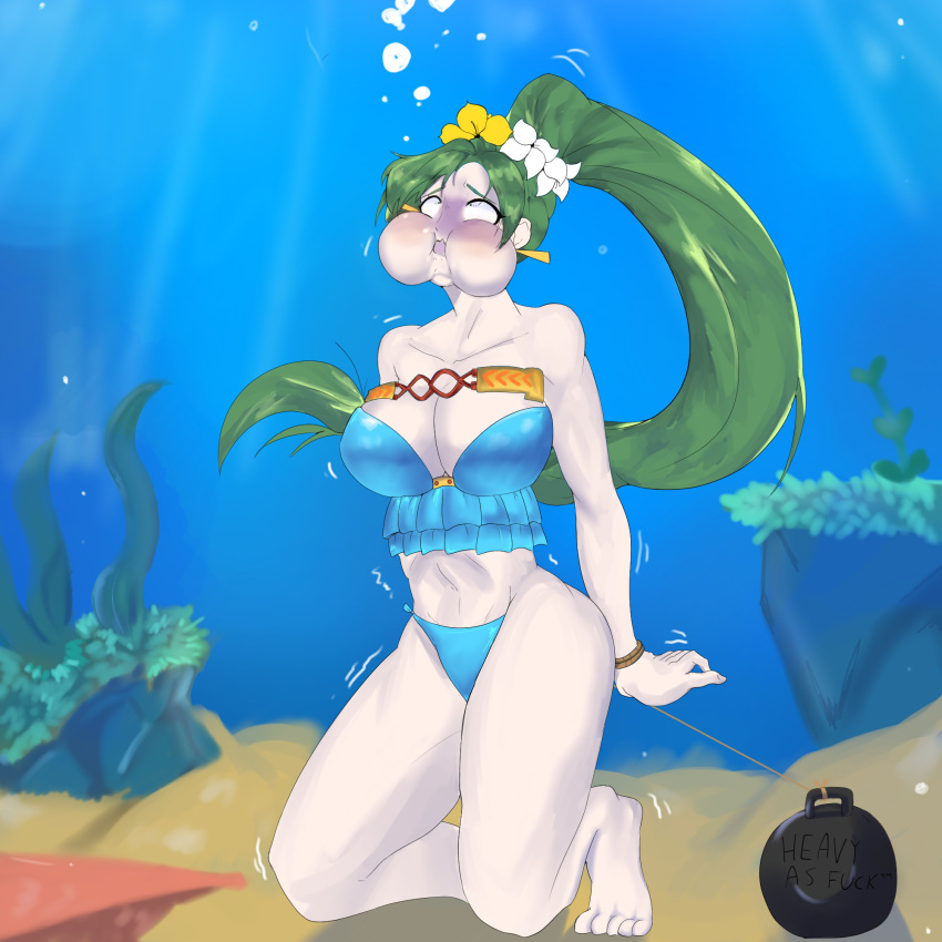 1girl alternate_costume barefoot blue_bikini blue_swimsuit bound_arms breasts bubbles death drowning execution female female_death female_only fire_emblem fire_emblem:_the_blazing_blade fire_emblem_heroes green_eyes green_hair lyn_(fire_emblem) murder nintendo official_alternate_costume puffed_cheeks solo thighs underwater waifuthief