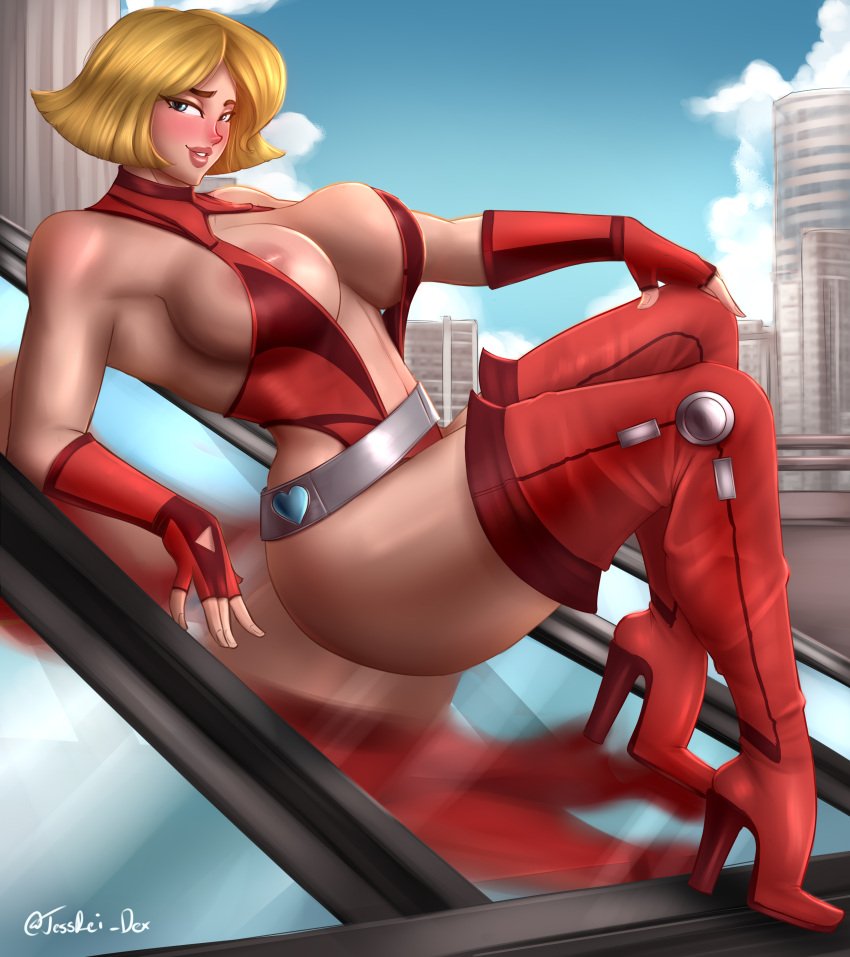 1girl aged_up alluring ass ass_focus ass_up big_ass big_breasts blonde_female blonde_hair blonde_hair_female blue_eyes blue_eyes_female bodysuit boobs_out boots breasts_out building catsuit city clover_(totally_spies) curvy curvy_figure dat_ass female_focus female_only flashing flashing_breasts gloves high_heel_boots high_heels high_res long_legs looking_at_viewer milf older older_female posing red_bodysuit red_clothing rooftop seducing seductive seductive_look short_hair short_hair_female spysuit stockings tease teasing tessreidex thick_ass thick_thighs thigh_high_boots thighhigh_boots thighs tight_clothes tight_clothing toned toned_body toned_female totally_spies undressing unzipped_bodysuit young_adult young_adult_female young_adult_woman