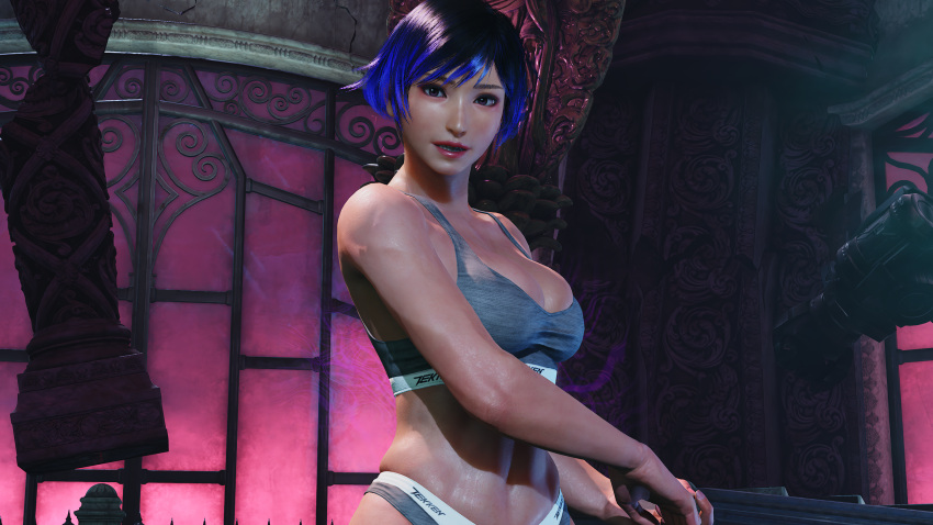 1girl alluring athletic_female black_and_purple_hair bra calvin_klein cleavage envy15re2lm female_abs fit_female medium_breasts mod namco panties reina_(tekken) tekken tekken_8