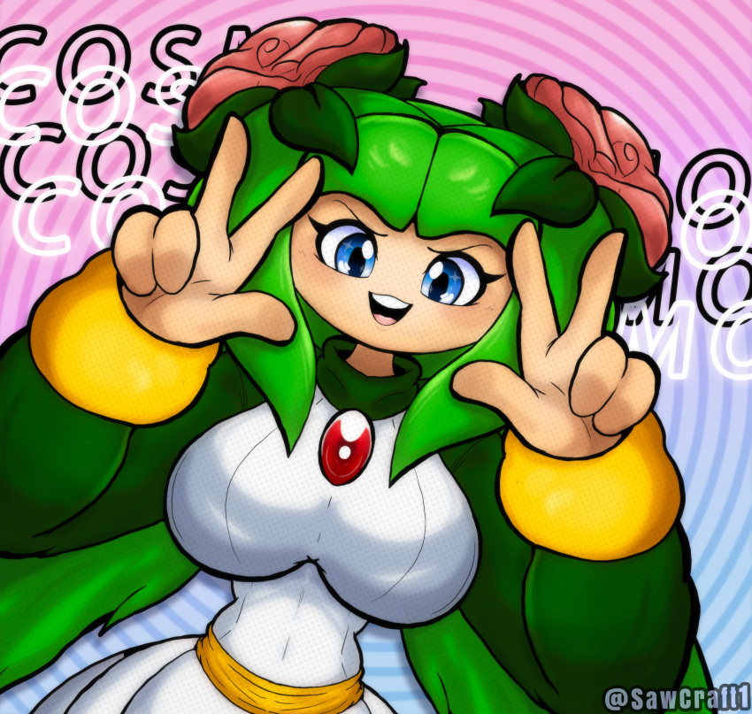 1girl 2020s 2025 20s 4kids_entertainment abstract_background aged_up alien alien_girl alien_humanoid artist_name big_breasts blue_eyes breasts cosmo_the_seedrian cosmo_the_seedrian_(adult) elemental_creature elemental_humanoid female flora_fauna green_clothes green_clothing green_pseudo_hair high_res high_resolution huge_breasts mouth_open plant_girl plant_humanoid pseudo_hair sawcraft1 seedrian solo solo_female sonic_(series) sonic_the_hedgehog_(series) sonic_x thin_waist tms_entertainment two_fingers_up v_sign white_clothes white_clothing white_dress