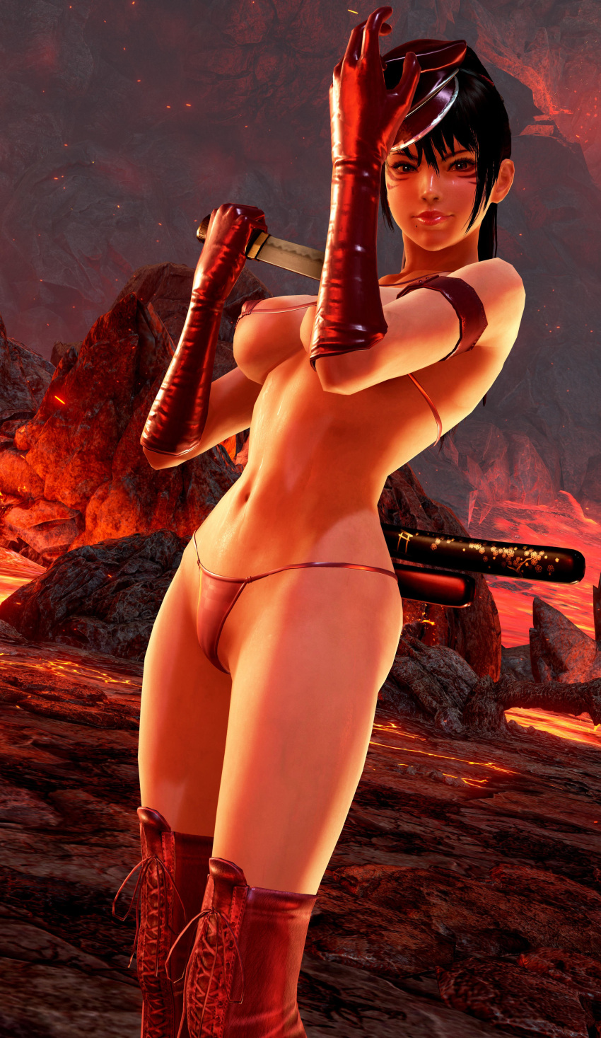 1girl alluring big_breasts bikini black_and_red_and_purple_hair brimstone_and_fire_(stage) cleavage elbow_gloves hat kitsune_marks kunimitsu_ii kunoichi lava mod namco posing tekken under_boob volcano