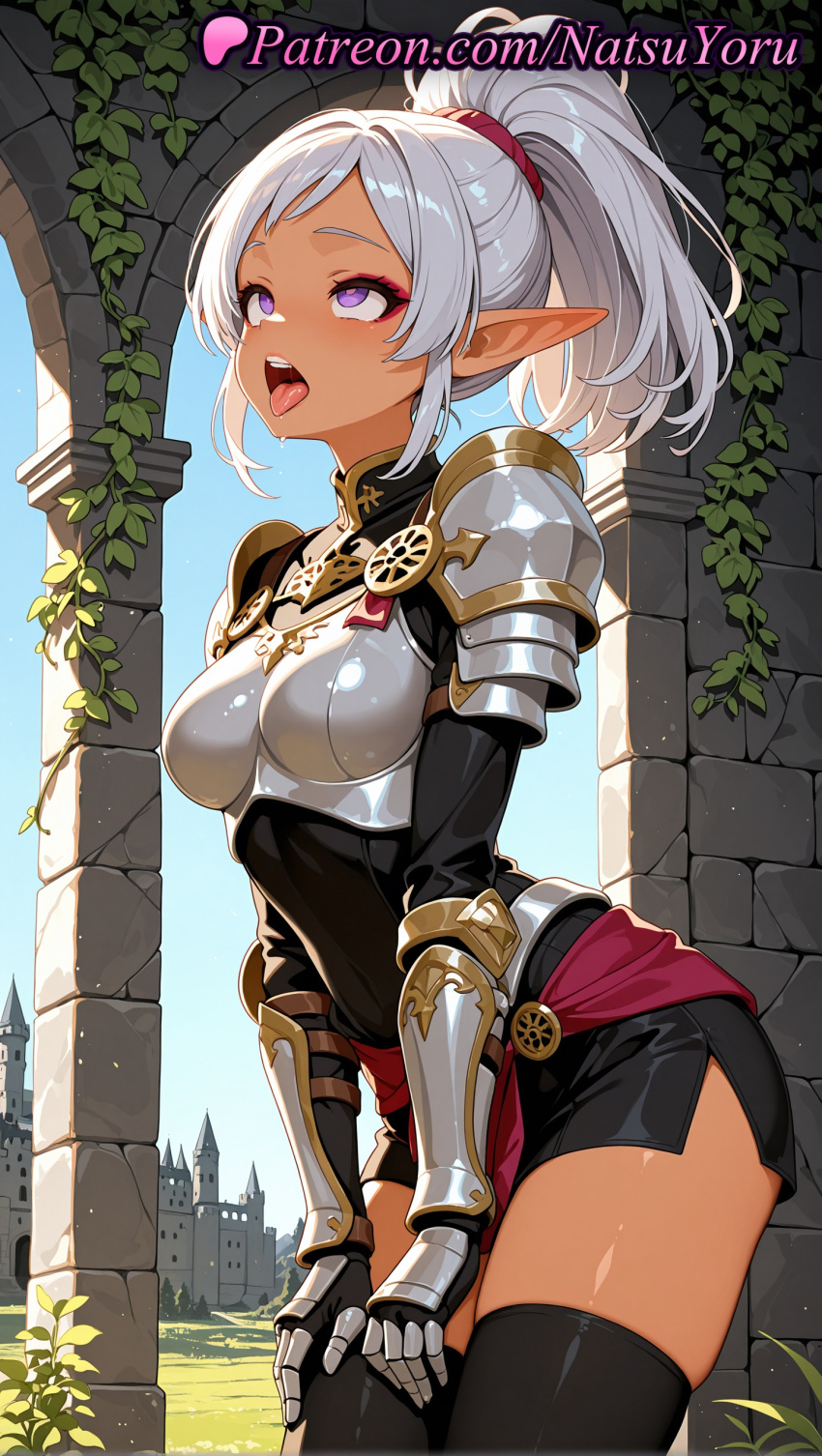 1girl 1girl 1girls 2025 ahegao ai ai_assisted ai_generated aisha_udgard anime anime_style arch armor bangs big_breasts black_legwear black_thighhighs blue_sky blush boobplate boots breastplate breasts bust cowboy_shot dark-skinned_female dark_elf dark_skin day dress drooling elf elf_ears female_focus female_only gauntlets genjitsu_shugi_yuusha_no_oukoku_saikenki grey_hair heart-shaped_pupils hentai high_quality high_res high_res high_resolution long_hair makeup medium_breasts natsuyoru open_mouth oral_invitation outside patreon pauldrons pointed_ears pointy_ears ponytail purple_eyes rolling_eyes saliva shiny shorts shoulder_armor sidelocks silver_hair skindentation skirt sky solo_female stable_diffusion standing stockings teeth thighs tongue tongue_out upper_teeth_only vambraces voluptuous voluptuous_female white_hair zettai_ryouiki