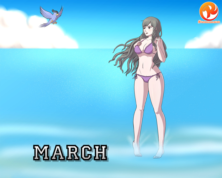 1girl 1girl alluring barefoot beach big_breasts bikini cleavage drill_hair drill_locks female_only fire_emblem fire_emblem_awakening frilled_bikini grey_hair intelligent_systems long_hair navel ocean purple_bikini purple_swimsuit reit side-tie_bikini_bottom sky string_bikini sumia_(fire_emblem) swimsuit wading