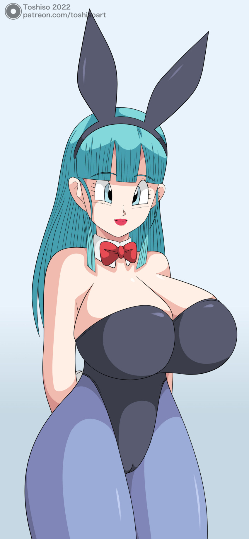 1girl blue_eyes bulma_brief bunny_bulma bunnysuit dragon_ball_z female_only green_hair huge_breasts massive_breasts toshiso_(artist)