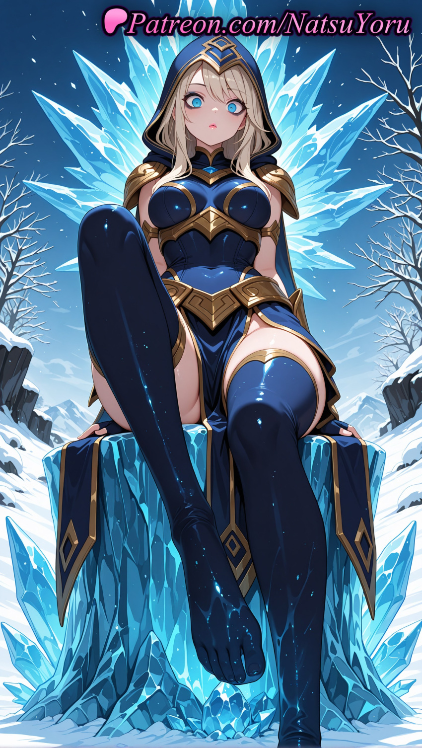 1girl 1girl 1girls 2025 ai ai_assisted ai_generated anime anime_style armband armor ashe_(league_of_legends) bangs bare_tree big_breasts big_breasts black_thighhighs blonde_hair blue_armor blue_bodysuit blue_dress blue_eyes blue_gloves blue_hood blue_thighhighs breasts bust cape closed_mouth covered_navel crystal dress feet female_focus female_only fingerless_gloves foot_fetish foot_out_of_frame from_below gloves gold_trim hentai high_quality high_res high_res high_resolution hood hood_up ice knee_up league_of_legends league_of_legends:_wild_rift legs long_hair looking_at_viewer looking_down makeup medium_breasts natsuyoru no_shoes non-asian outside patreon pelvic_curtain riot_games shoulder_armor sitting sky snow snowing solo_female stable_diffusion stockings thigh_high_boots thighs toes tree voluptuous voluptuous_female wet winter