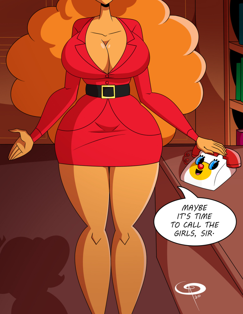 big_breasts cleavage clothes desk frostbiteboi head_out_of_frame powerpuff_girls sara_bellum shadow telephone