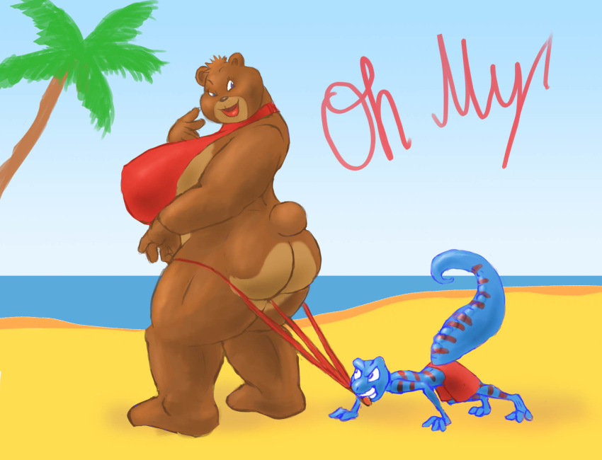 anthro ass bbw beach bear big_breasts bikini bikini_pull breasts brown_hair cleavage coppertone embarrassing furry gecko lipstick lizard looking_back looking_down ocean red_lipstick reptile scalie short_hair smile swim_trunks swimming_trunks weasselk wide_hips