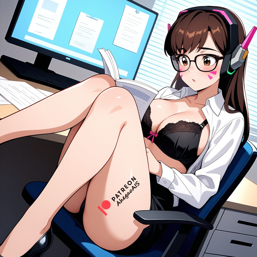2d 2d_(artwork) 2d_artwork ahegao_ai d.va glasses high_heels high_res legs_together office_lady overwatch overwatch_2 panties panty_shot patreon patreon_link patreon_logo patreon_url patreon_username reading sitting watermark