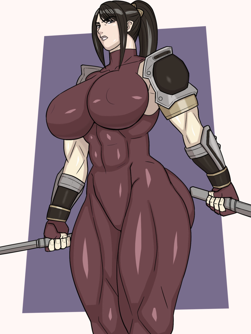 1girl alluring athletic_female big_breasts black_hair bodysuit brown_eyes female_abs fit_female kunoichi project_soul salmon_nobu soul_calibur soul_calibur_ii soul_calibur_iii soul_calibur_vi taki