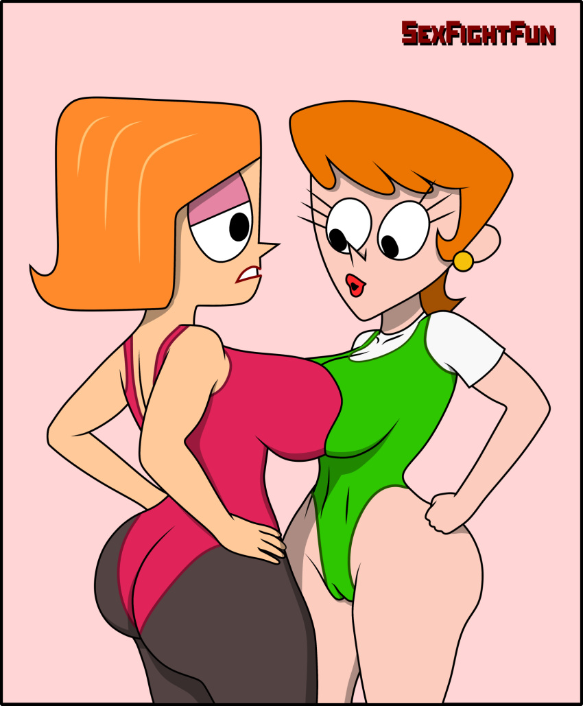 ass ass_grab big_breasts booty breasts cameltoe cartoon_network crossover debbie_turnbull dexter's_laboratory dexter's_mom grabbing_ass gym_uniform gymnastics huge_breasts leotard milf nickelodeon nipples_visible_through_clothing retro robotboy sexfightfun sports_uniform yuri