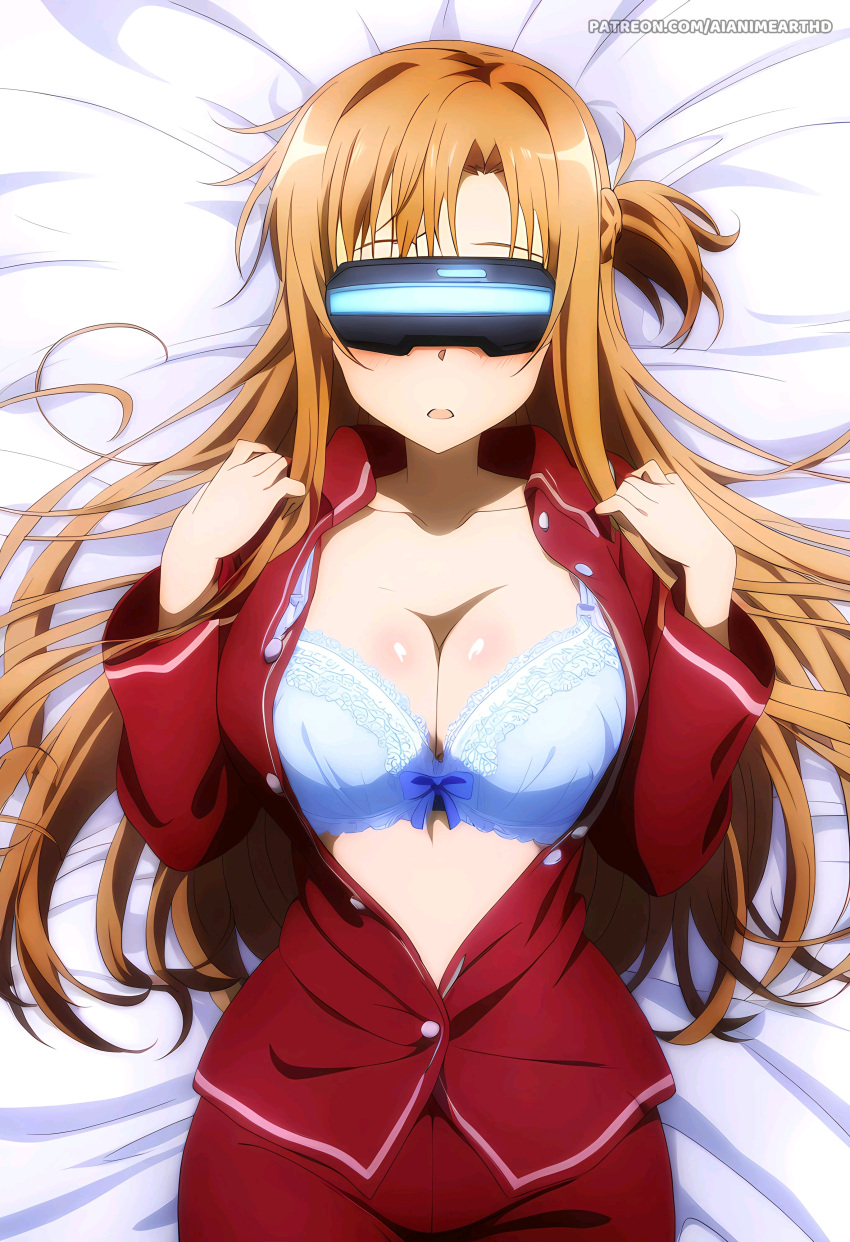 1female 1girl 1girl 1girl ai_generated asuna_(sao) bangs bed big_breasts bra breasts breasts_out_of_clothes female_only high_res high_res high_res laying_on_bed lingerie long_hair orange_hair solo_female sword_art_online very_high_resolution vr_headset