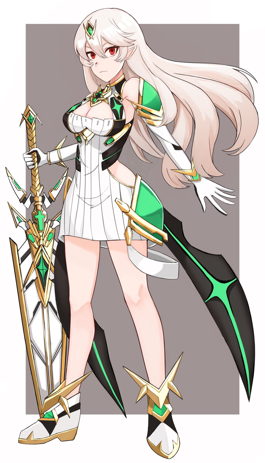 1girl absurd_res alluring bare_legs breasts cleavage cleavage_cutout clothing_cutout corrin_(fire_emblem) corrin_(fire_emblem)_(female) cosplay dress elbow_gloves fire_emblem fire_emblem_fates frown full_body gloves hair_ornament high_res jewelry kgctcg long_hair mythra mythra_(cosplay) nintendo planted planted_sword planted_weapon platinum_blonde_hair pointy_ears red_eyes short_dress simple_background sword weapon white_dress white_gloves xenoblade_(series) xenoblade_chronicles_2