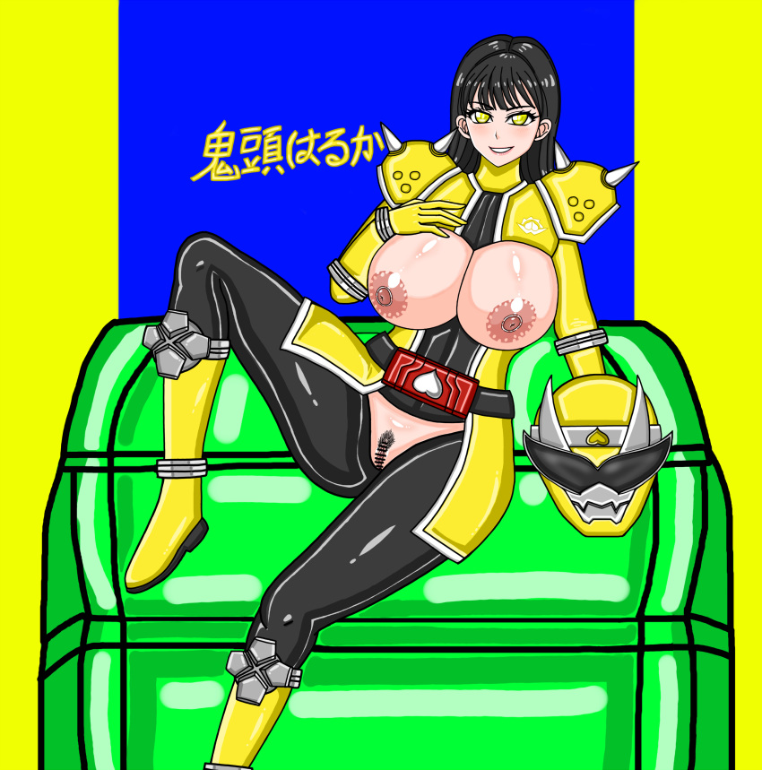 alluring avataro_sentai_donbrothers breasts breasts_out formal haruka_kito helmet_off kito_haruka lorcat lorcat_(artist) pubic_hair pussy suit super_sentai yellow_eyes