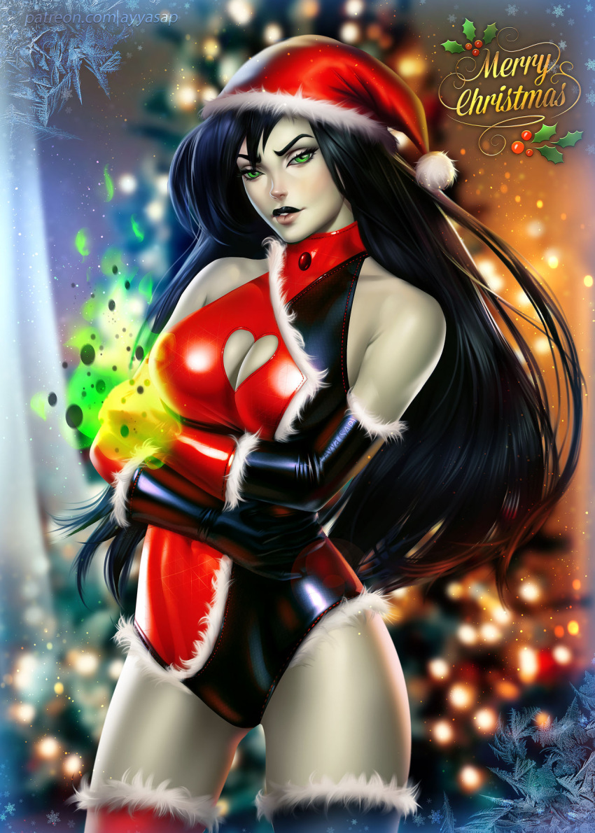 1girl alternate_costume asymmetrical_gloves asymmetrical_legwear asymmetrical_stockings asymmetrical_thighhighs ayyasap big_breasts black_gloves black_hair black_legwear black_leotard black_lipstick black_thighhighs blurry blurry_background breasts christmas christmas_tree cleavage cleavage_cutout clothing_cutout disney elbow_gloves english_text female_only female_solo fur_trim gloves green_eyes green_skin grin hair_between_eyes half-closed_eyes hat head_tilt headwear indoors kim_possible legs legwear leotard lips lipstick long_hair looking_at_viewer magic makeup medium_breasts merry_christmas multicolored_clothes multicolored_leotard naughty_face neck pale-skinned_female pale_skin parted_lips red_gloves red_hat red_headwear red_legwear red_leotard red_thighhighs santa_costume santa_hat shego skin_tight sleeveless sleeveless_leotard sleeveless_turtleneck smile standing stockings supervillainess text thighs tree turtleneck turtleneck_leotard two-tone_leotard very_long_hair villainess