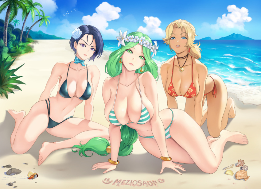 1girl 3_girls all_fours alluring alternate_costume alternate_hairstyle artist_name bangle bare_arms bare_legs bare_midriff bare_shoulders bare_thighs beach belly bent_forward bent_over big_breasts bikini black_bikini black_swimsuit blonde_hair blue_bikini blue_eyes blue_sky blue_swimsuit braid braided_ponytail catherine_(fire_emblem) child_bearing_hips cleavage confident curvaceous curvy curvy_female curvy_figure earrings female_only fire_emblem fire_emblem:_three_houses fit fit_female floral_pattern floral_print flower flower_crown flower_in_hair green_bikini green_eyes green_hair green_swimsuit hair_flower hands_on_ground head_tilt human human_only intelligent_systems kneel legs light-skinned_female light_skin long_hair long_legs looking_at_viewer mature mature_female meziosaur midriff milf modeling moize_opel multiple_females multiple_girls navel nintendo ocean on_all_fours on_hands_and_knees ponytail pose posing purple_eyes purple_hair red_bikini red_swimsuit rhea_(fire_emblem) sand sea seaside seductive seductive_look seductive_smile shamir_nevrand shell short_hair side-tie_bikini side-tie_bottom sideboob skimpy skimpy_bikini soft soft_breasts stomach swimsuit tan-skinned_female tan_skin thighs water white_bikini white_swimsuit wide_hipsv