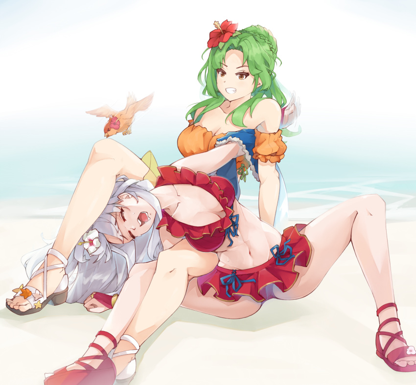 2_girls alluring bare_shoulders bikini bikini_skirt bird blue_scarf braid brown_eyes cleavage closed_eyes collarbone crown_braid domination elincia_ridell_crimea elincia_ridell_crimea_(summer) feet femdom fingerless_gloves fire_emblem fire_emblem:_path_of_radiance fire_emblem:_radiant_dawn fire_emblem_heroes flower front-tie_bikini_top front-tie_top gloves green_hair grey_hair groin hair_flower hair_ornament half_updo high_res intelligent_systems jaegan legs long_hair medium_breasts micaiah_(fire_emblem) micaiah_(wavecrest_maiden)_(fire_emblem) multiple_girls navel nintendo off-shoulder_bikini off_shoulder open_mouth orange_bikini red_bikini red_gloves sandals scarf submission_hold swimsuit teeth towel wrestling yune_(fire_emblem)