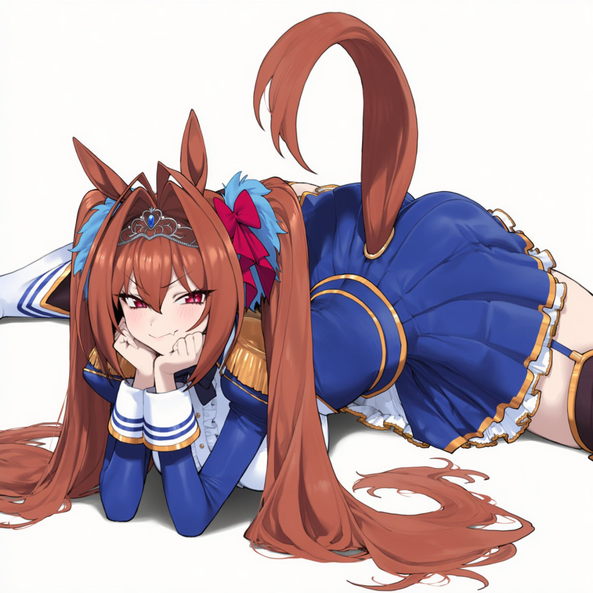 1girl ai_generated ass blush breasts daiwa_scarlet_(umamusume) fang grin horse_ears horse_girl horse_tail huge_ass huge_breasts oerba_yun_fang posing school_uniform schoolgirl smile thick_thighs thighs tracen_school_uniform truck-kun_art tsundere twin_tails uma_musume_-_pretty_derby umamusume umamusume_pretty_derby white_background
