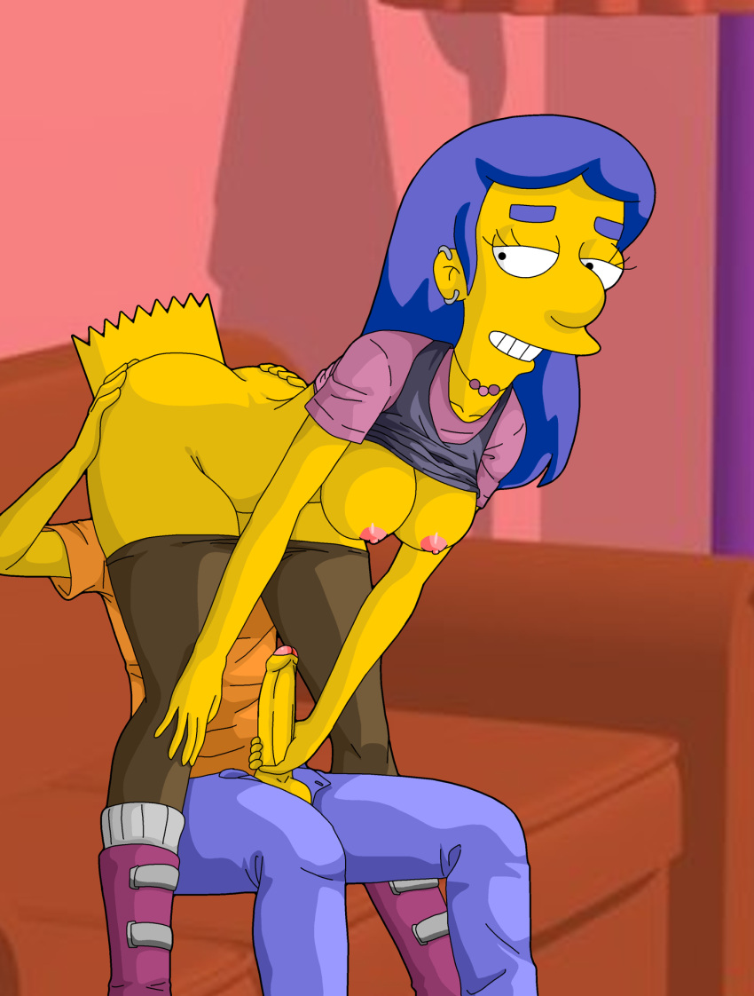 ankle_boots annika_van_houten bart_simpson bent_over big_ass big_breasts blue_hair boots bottomless breasts_out ear_piercing earrings erect_nipples evilweazel evilweazel_(artist) grabbing_another's_ass grabbing_penis living_room long_hair looking_back nipples oral oral_sex penis piercing pink_nipples shirt_lift sidelocks sofa sofa_sex stockings tank_top the_simpsons thick_eyebrows thighhighs_pull