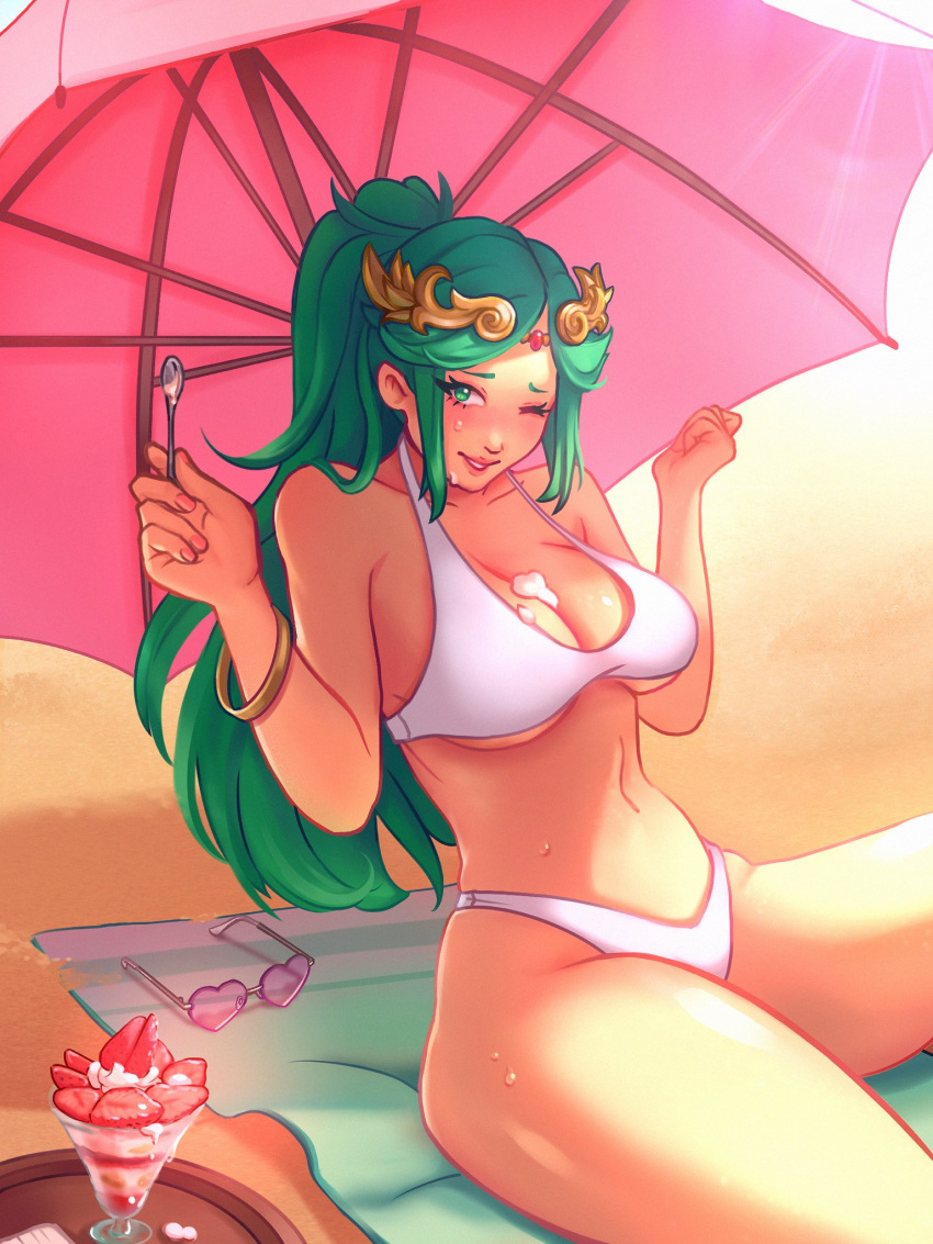 alternate_costume alternate_hairstyle bangs bare_arms bare_legs bare_shoulders beach beach_towel beach_umbrella big_breasts bikini blush bracelet breasts chiffonfae chiffonfae_(artist) circlet cleavage clenched_hand collarbone cream dessert eyes_visible_through_hair food fruit gold_bracelet gold_jewelry green_eyes green_hair grin half-closed_eyes hands head_down headpiece high_ponytail holding holding_object holding_spoon jewelry kid_icarus kid_icarus_uprising legs lips lipstick long_hair looking_at_viewer makeup midriff nail_polish navel nintendo one_eye_closed outside palutena parfait parted_bangs parted_lips pink_lipstick pink_nails ponytail sand sexually_suggestive shade sidelocks sitting smile spoon spread_legs straight_hair strawberry sunglasses sunglasses_removed sweat sweating sweet swimsuit thick_thighs thighs tied_hair towel umbrella under_boob very_long_hair white_bikini white_swimsuit wink