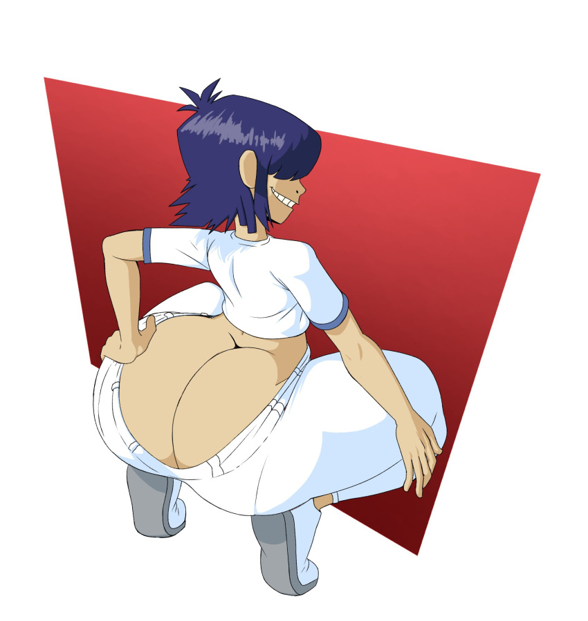 1girl 1girls ass ass_cheeks ass_cleavage ass_crack bangs big_ass blue_hair bubble_ass bubble_butt butt_crack covered_eyes female_only gorillaz grin grinning high_res huge_ass human large_ass mrwastemaster no_panties noodle_(dare) noodle_(gorillaz) pale_skin sneakers squatting tan thick_thighs thighs underwear white_pants white_shirt