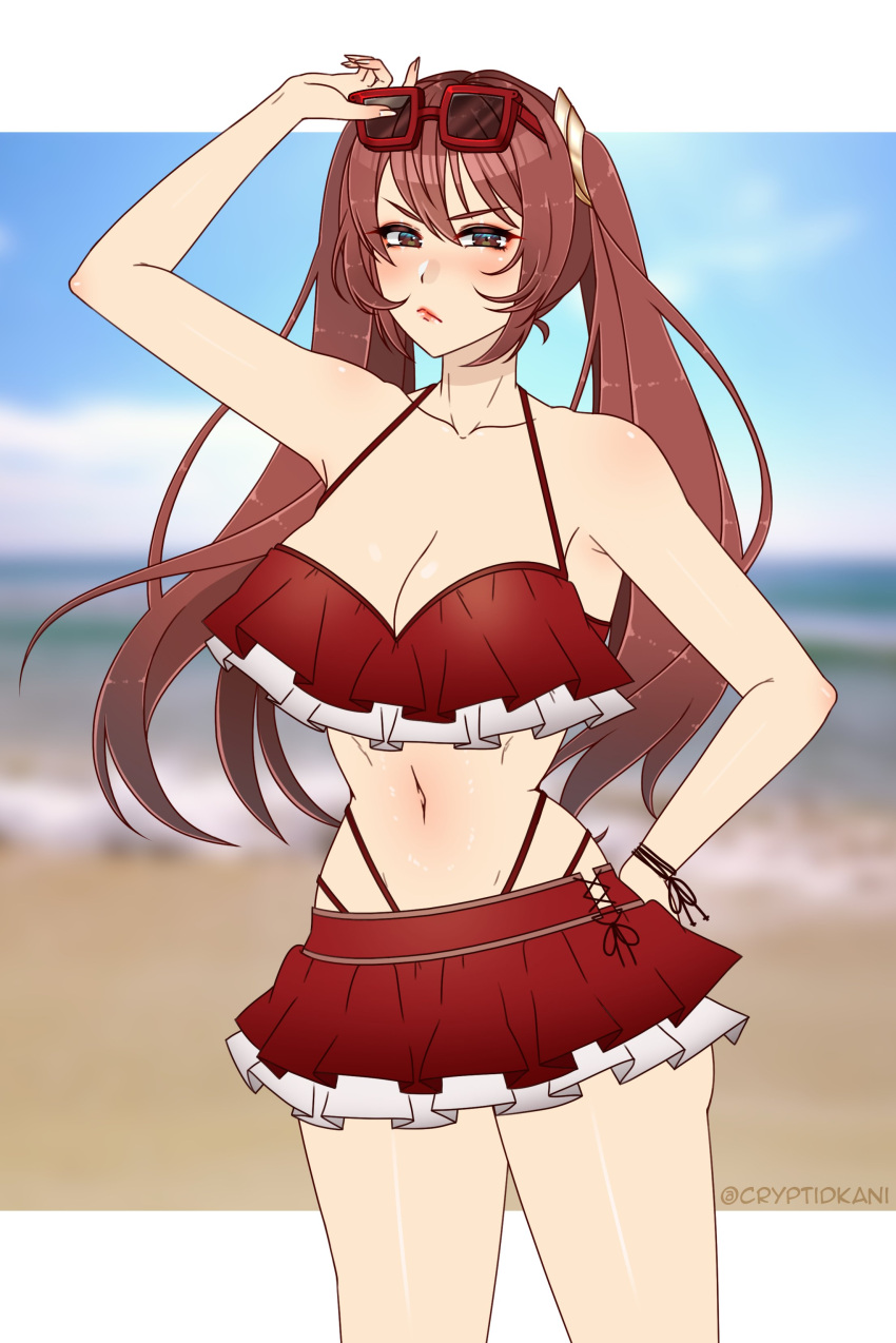 1girl 1girl 1girls alluring alternate_breast_size alternate_costume armpits bare_thighs beach big_breasts big_breasts bikini bikini_skirt brown_eyes cleavage commission cordelia_(fire_emblem)_(cosplay) cosplay cryptid_crab eyewear_on_head fire_emblem fire_emblem_awakening fire_emblem_heroes frilled_skirt frills frown highleg highleg_bikini intelligent_systems long_hair looking_at_viewer multi-strapped_bikini nintendo ocean red_bikini red_eyes red_hair red_swimsuit sand seaside severa_(fire_emblem) sunglasses swimsuit twin_tails water