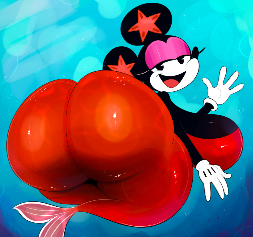 1girl alternate_species anthro ass big_breasts big_ears black_eyes black_fur black_nose bubble_butt cleavage dat_ass disney female huge_ass huge_breasts mermaid mermaid_tail minnie_mouse mouse ota_(artist) rear_view solo starfish thick_thighs underwater white_countershading white_skin