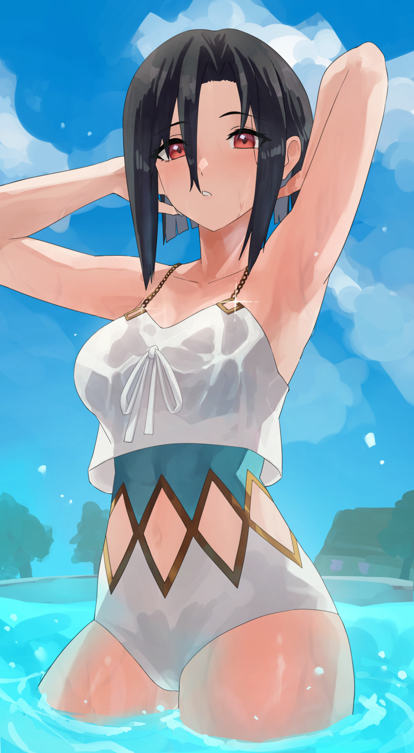 1girl absurd_res alluring arms_behind_head arms_up asymmetrical_bangs bare_arms big_breasts black_hair blush clothing_cutout fire_emblem fire_emblem_engage hair_between_eyes high_res intelligent_systems looking_at_viewer navel navel_cutout nel_(fire_emblem) nintendo one-piece_bikini open_mouth parted_bangs pearlbbbb red_eyes short_hair swimming_pool swimsuit thick_thighs thighs wet wet_clothes wet_swimsuit