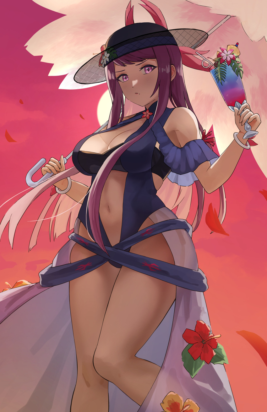 1girl 1girl absurd_res bare_shoulders big_breasts black_hat blue_one-piece_bikini cleavage clothing_cutout dress dress_swimsuit fire_emblem fire_emblem_engage fire_emblem_heroes flower furrowed_brow hat high_res intelligent_systems ivy_(fire_emblem) ivy_(summer)_(fire_emblem) long_hair mole mole_under_mouth navel nintendo official_alternate_costume one-piece_bikini pearlbbbb purple_eyes purple_hair stomach stomach_cutout swimsuit