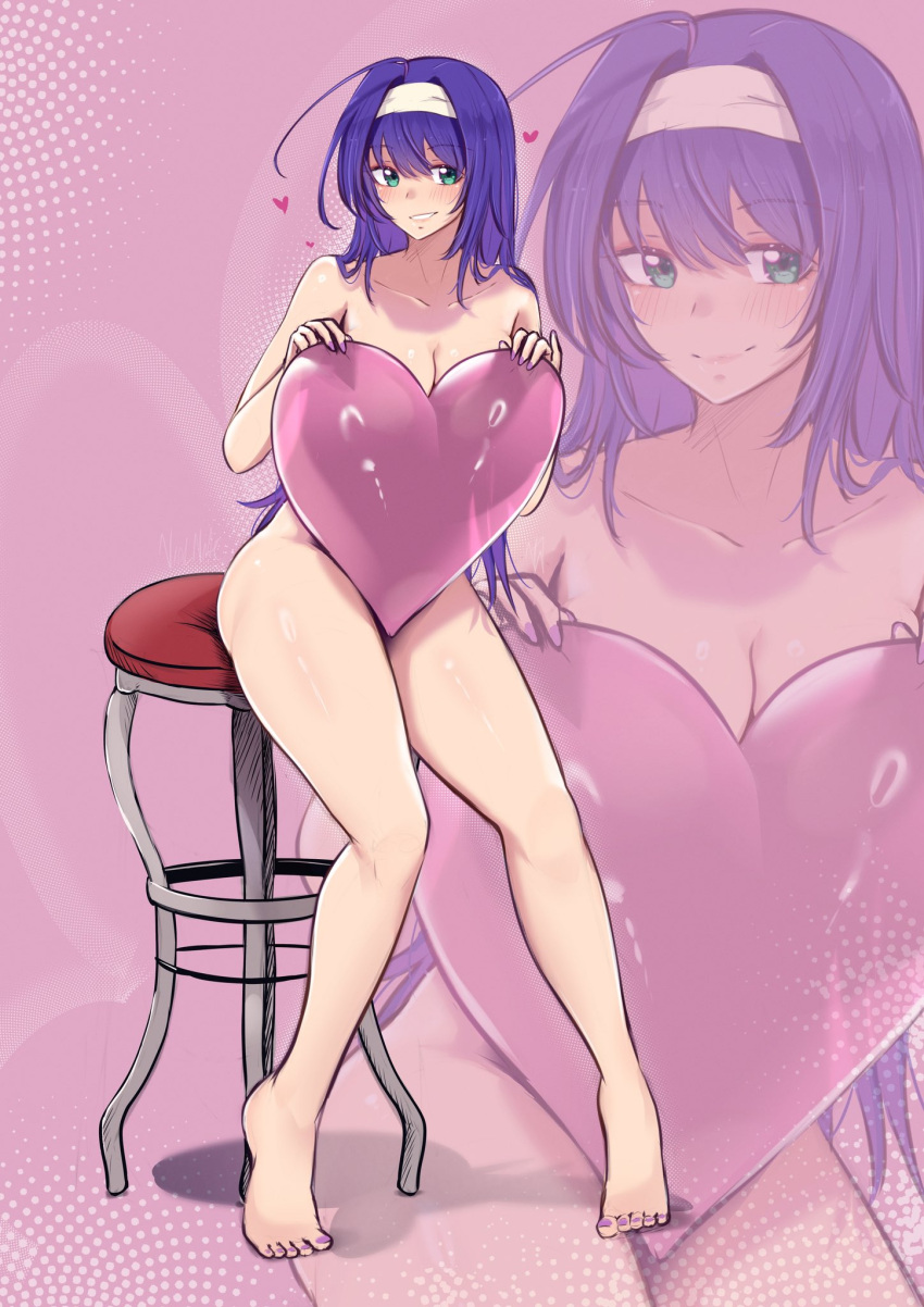 1girl 1girl alluring bare_shoulders barefoot big_breasts blush chair cleavage closed_mouth collarbone commentary completely_nude covering_privates english_commentary fire_emblem fire_emblem:_radiant_dawn full_body green_eyes grin hair_between_eyes hairband heart high_res holding holding_heart intelligent_systems long_hair looking_at_viewer mia_(fire_emblem) nintendo nude nude_cover on_chair pink_background purple_hair purple_nails smile vialnite white_hairband zoom_layer