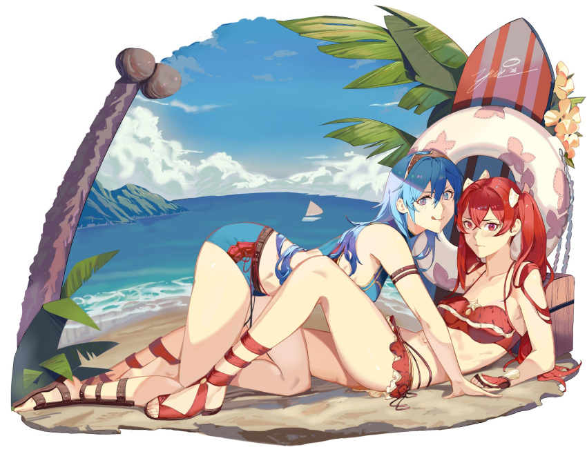 1girl 2_girls all_fours alluring alternate_costume beach bikini bikini_skirt blue_bikini blue_eyes blue_swimsuit blush boat coconut coconut_tree cordelia_(fire_emblem) cordelia_(fire_emblem)_(cosplay) cosplay female_only fire_emblem fire_emblem_awakening fire_emblem_cipher fire_emblem_heroes flower frilled_bikini frills gladiator_sandals high_res intelligent_systems legs licking_lips looking_at_viewer lucina_(fire_emblem) medium_breasts multiple_females multiple_girls nintendo ocean official_alternate_costume palm_tree red_bikini red_hair red_swimsuit sand sandals severa_(fire_emblem) sports_bikini surfboard swim_ring swimsuit tiara toes tongue tongue_out tree twin_tails watercraft yuri yusi_vishnu