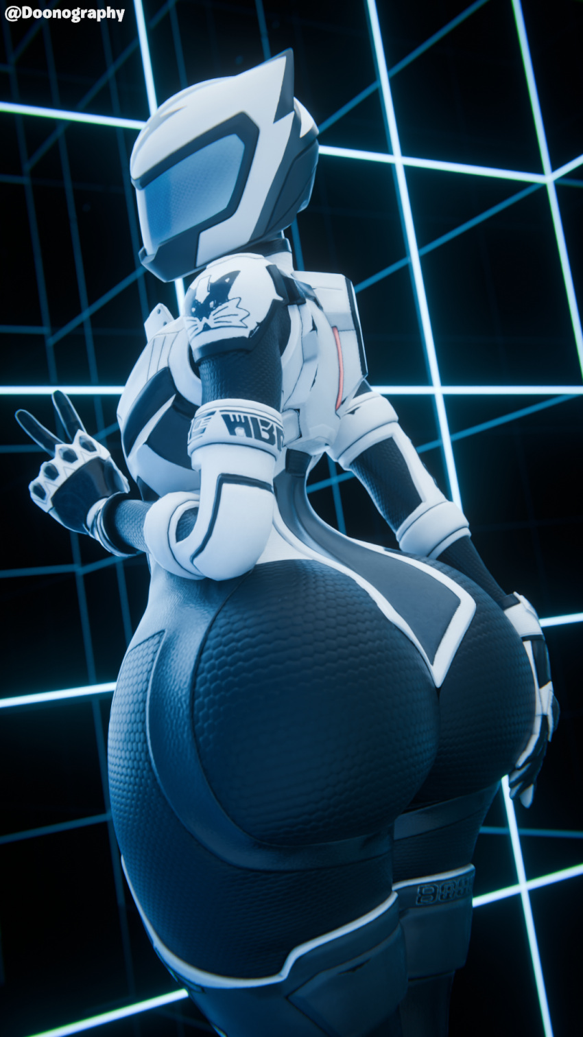 1girl 3d abstract_background armor ass back_view big_ass big_ass blender bodysuit cat_ear_helmet cat_ears cat_suit catsuit control_(fortnite) curvy doonography female_focus female_only fortnite fortnite:_battle_royale full_body_suit fully_covered grabbing grabbing_ass grabbing_own_ass helmet latex latex_suit looking_at_viewer looking_back mask masked masked_female peace_sign png visor watermark