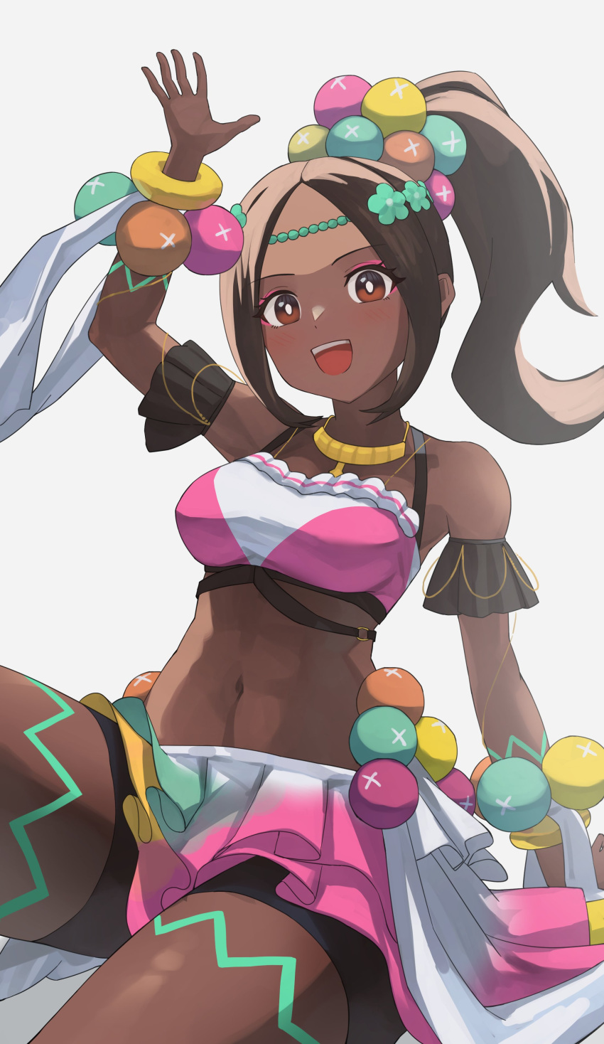 1girl :d absurd_res alluring brown_eyes brown_hair circlet crop_top dark-skinned_female dark_skin fire_emblem fire_emblem_engage high_res intelligent_systems jewelry midriff navel necklace nintendo open_mouth pearlbbbb shorts shorts_under_skirt skirt smile timerra_(fire_emblem)
