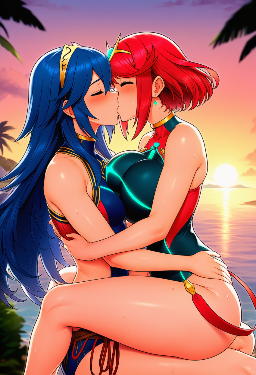 2girls accurate_art_style alluring bare_shoulders beach big_breasts bikini blue_hair blush breast_press closed_eyes crossover earrings embrace female female_focus female_only fire_emblem fire_emblem_awakening fire_emblem_cipher fire_emblem_warriors highres intelligent_systems kissing long_hair lucina_(cipher_swimsuit)_(fire_emblem) lucina_(fire_emblem) midriff monolith_soft multiple_females multiple_girls nightcore_(artist) nintendo ocean one-piece_bikini pyra_(pro_swimmer)_(xenoblade) pyra_(xenoblade) red_hair romantic sea short_hair sitting sitting_on_lap small_breasts squeezing sun sunset swimsuit symmetrical_docking thighs tiara waist_grab xenoblade_(series) xenoblade_chronicles_2 yuri