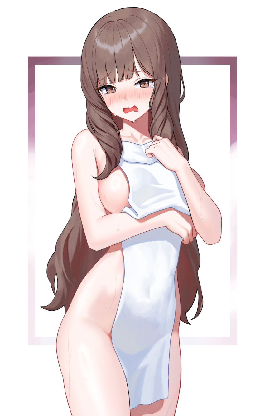 1girl 1girl alluring arm_under_breasts blunt_bangs blush brown_eyes brown_hair collarbone commission covered_navel covering_breasts covering_privates cowboy_shot dhokidoki embarrassed fire_emblem fire_emblem_awakening high_res intelligent_systems long_hair medium_breasts naked_towel nintendo nose_blush nude_cover open_mouth second-party_source sideboob sidelocks signature simple_background sumia_(fire_emblem) tearing_up tears towel wavy_mouth wet white_background
